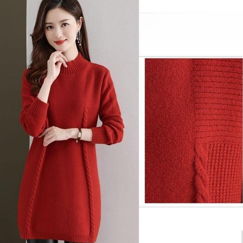 Half Turtleneck Knitted Sweater Women's Casual Long-sleeved Mid-length Sweater Solid Color Autumn and Winter Pullover