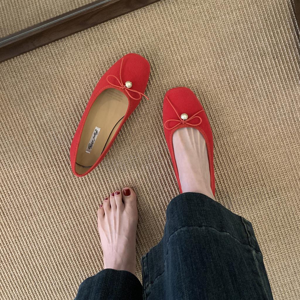 French red flat-bottomed bow single shoes women's shoes 2025 new autumn retro evening breeze gentle Doudou floating shoes