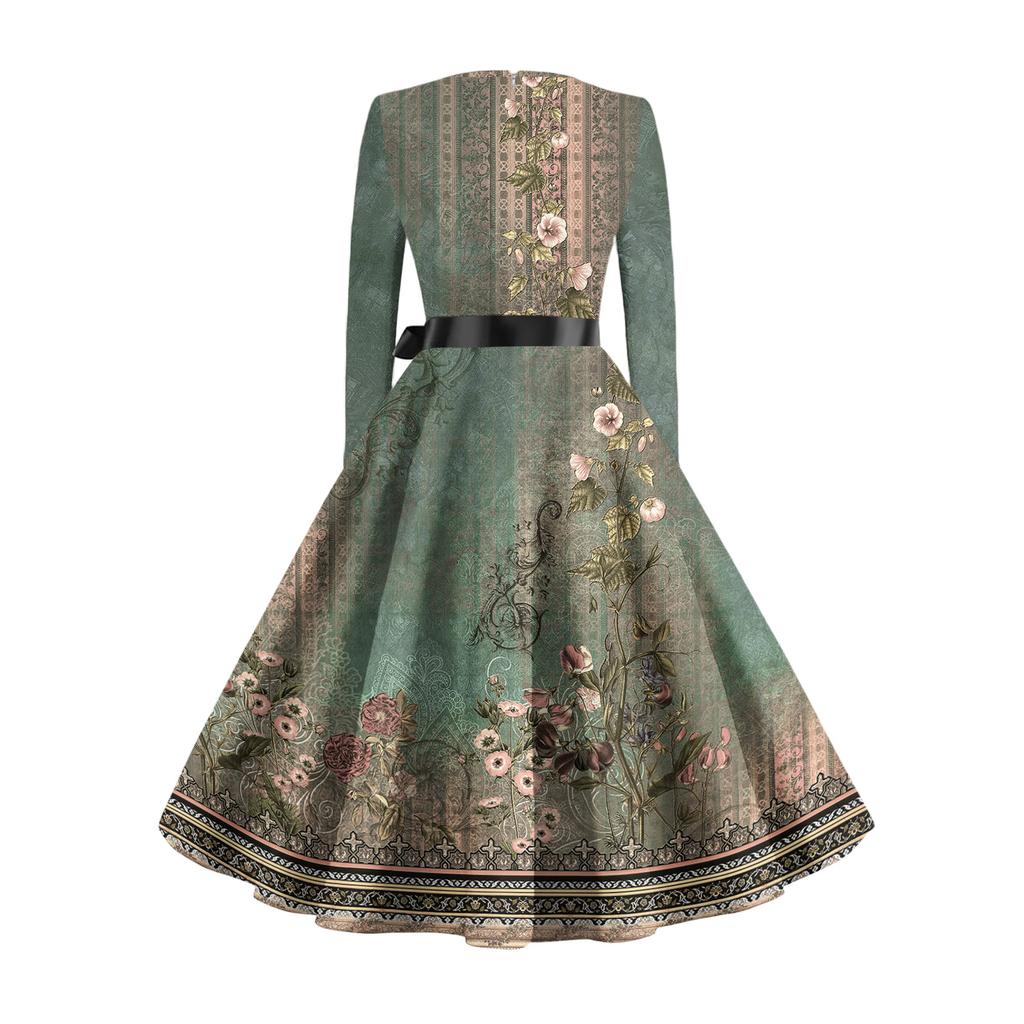 Women's Casual Fashion Long Sleeve  Vintage Long Dresses