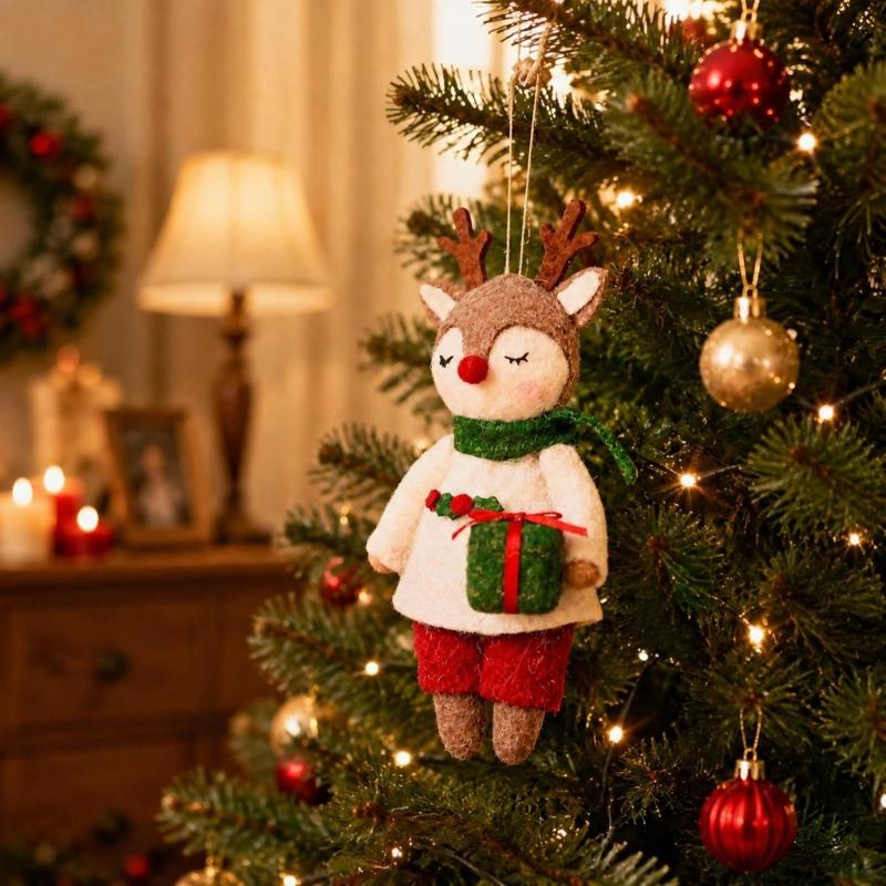 Cartoon Christmas Reindeer Hanging Decoration with Short-Pile Fabric, Finished Edges, and Holiday Artwork for Branch Displays
