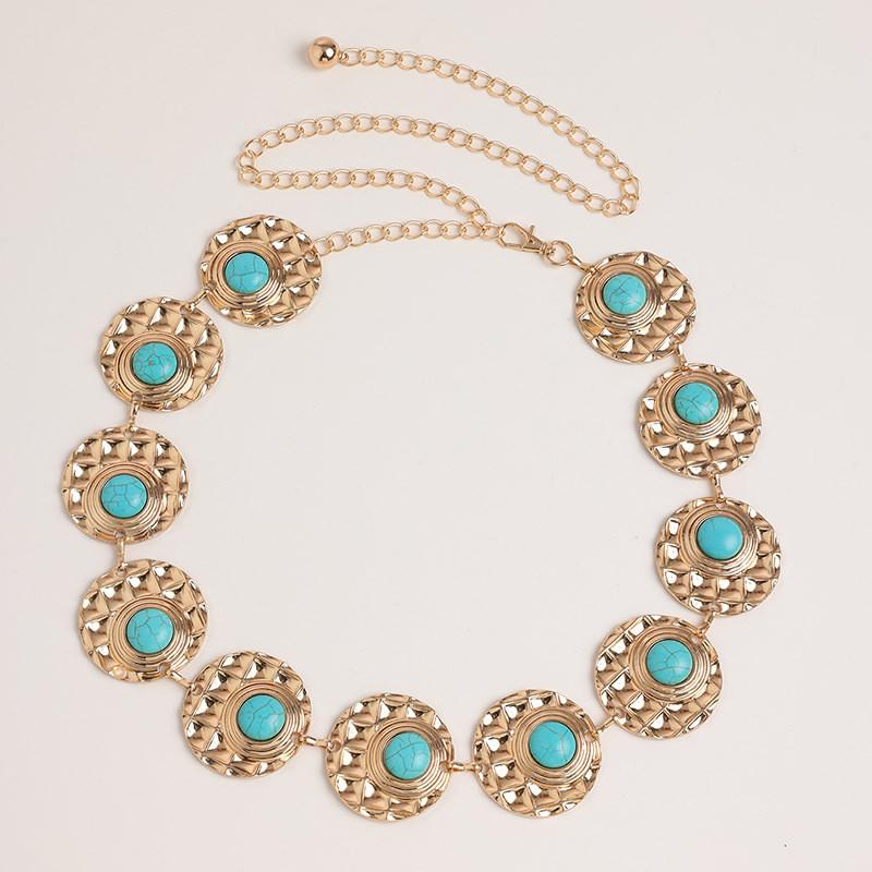 Bohemian Style Artificial Turquoise Metal Waist Chain With Vintage Finish For Women