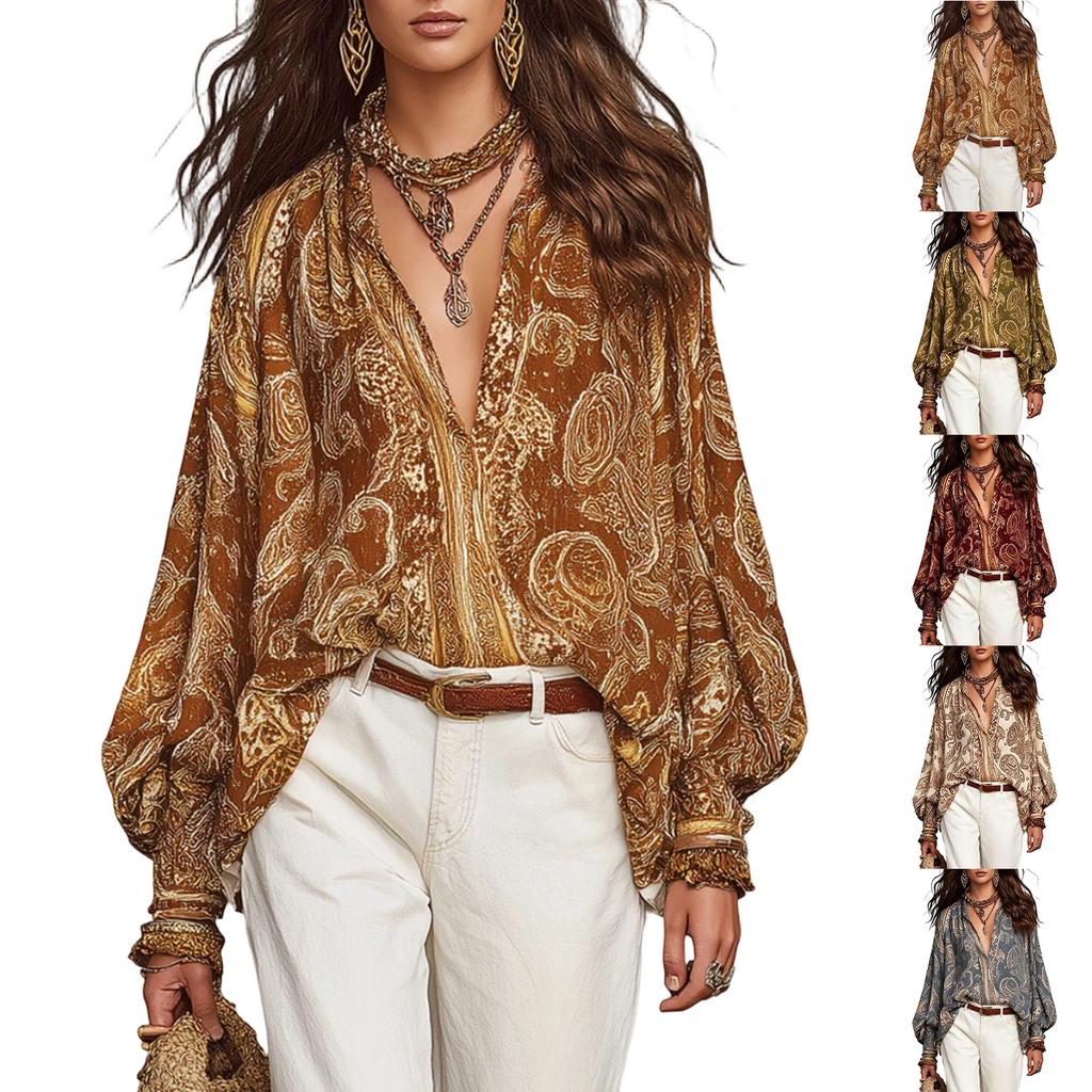 Top Blusa da Donna in Chiffon Stampato a Manica Lunga con Scollo a V per Uso Casual