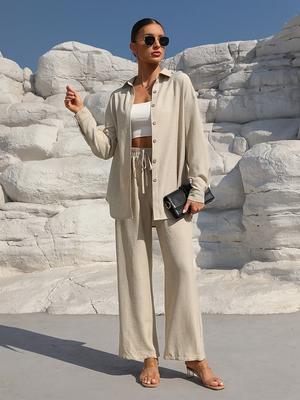 Fashion Spring Casual Oversized Long Sleeve Cardigan Two Piece Set for Women, Solid Color Outfit