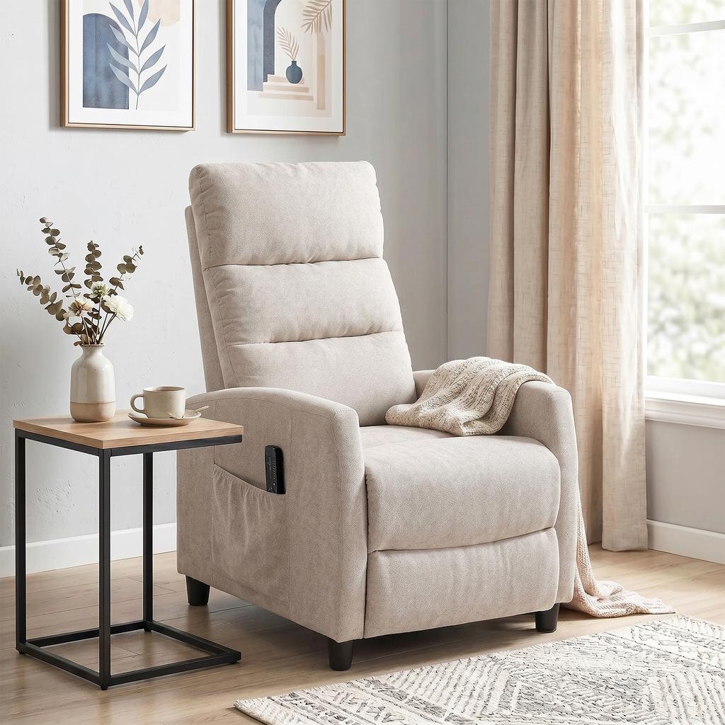 Reclining Massage Armchair With Footrest 2 Massage Zones High Back Pockets Chenilla Upholstery Cream