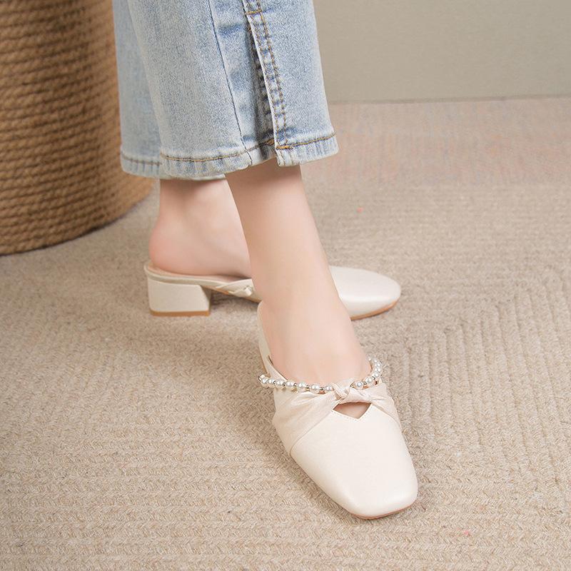 Chinelos de Meio Baotou Sapatos Versáteis e Elegantes Sapatos Franceses de Salto Grosso Chinelos Muller