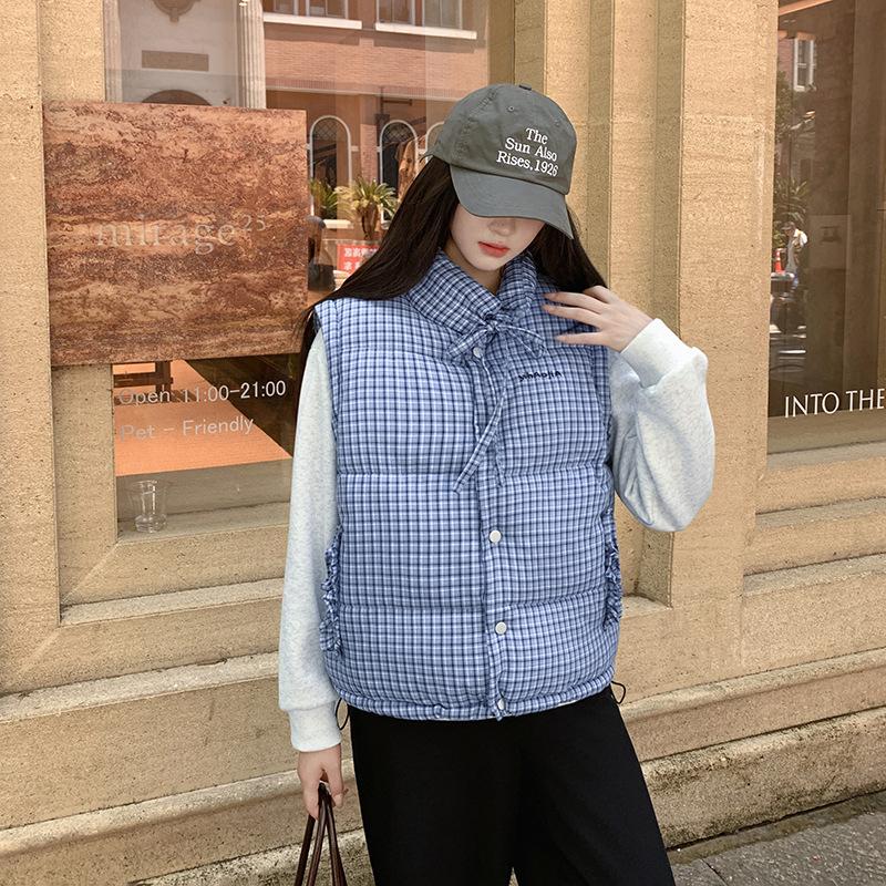 

Ретро клетчатый короткий жилет из хлопка с воротником-стойкой 2025 осень и зима без рукавов клетчатый жилет топ хлопковая куртка L синий