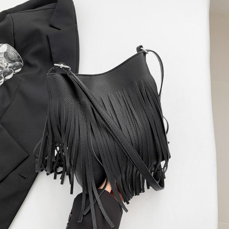 Vintage Style Bucket Bag For Women With Trendy Fringes And Casual Design In Black Gray Brown Pink And White