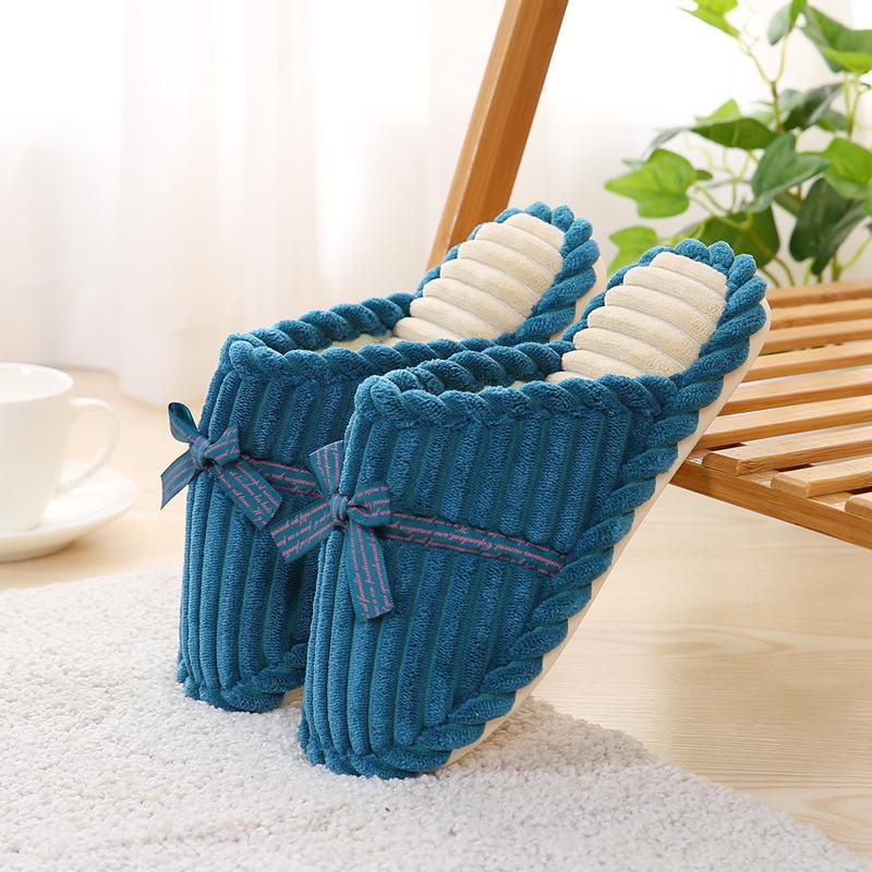 Unisex Non-slip Plush Corduroy Slippers with Bow, Warm Cotton Fleece Lining for Autumn and Winter