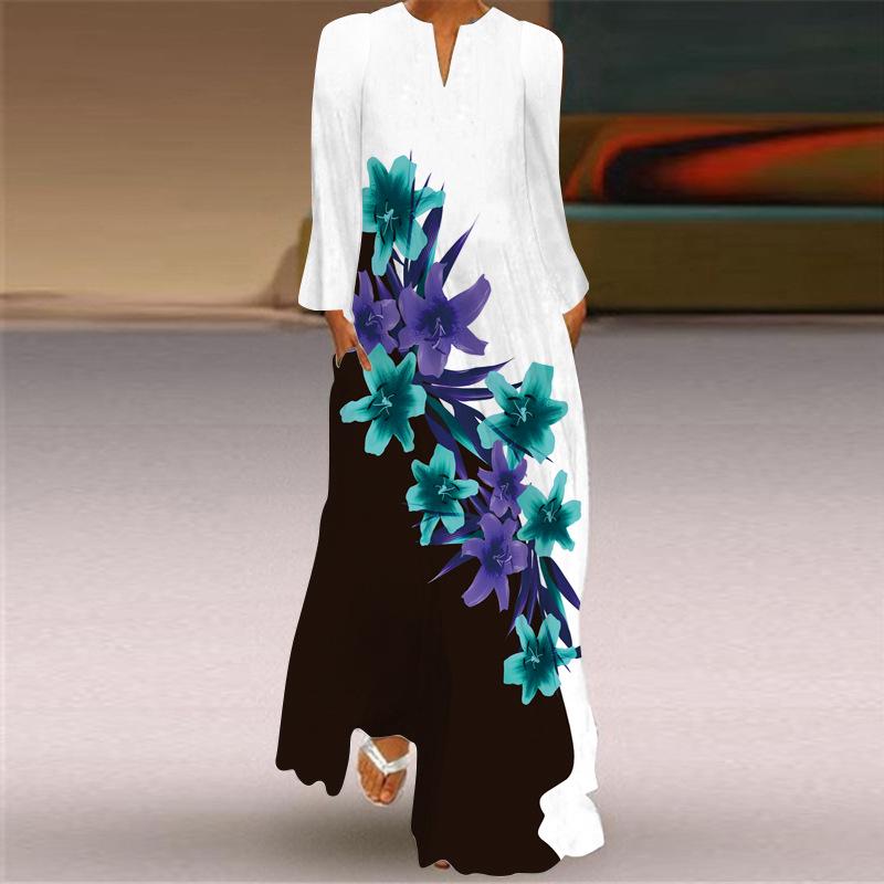 

Сукня вільного крою з V-подібним вирізом та довгими рукавами з принтом - Європейський та американський стиль 2XL