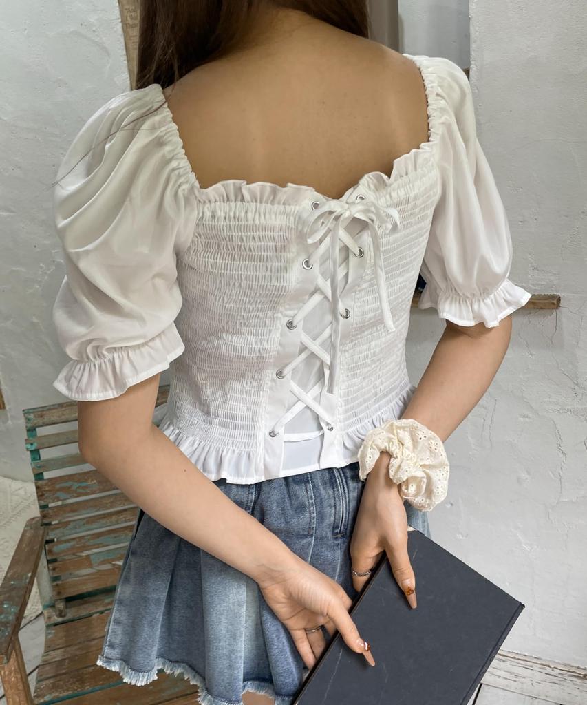 WEGO Shirred Girly Summer Size White Women's Lace-Up Blouse, Top, F,