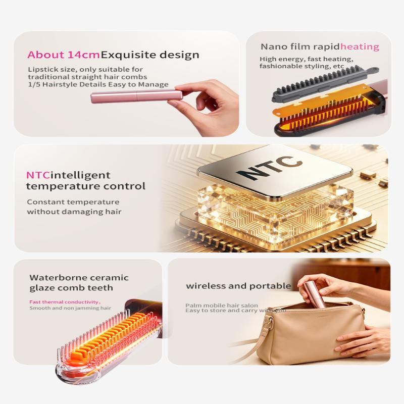Portable Mini Straight Hair Comb Bangs Comb Wireless Charging Curling Iron Portable Styling Electric Comb Does Not Hurt Hair 1Pc