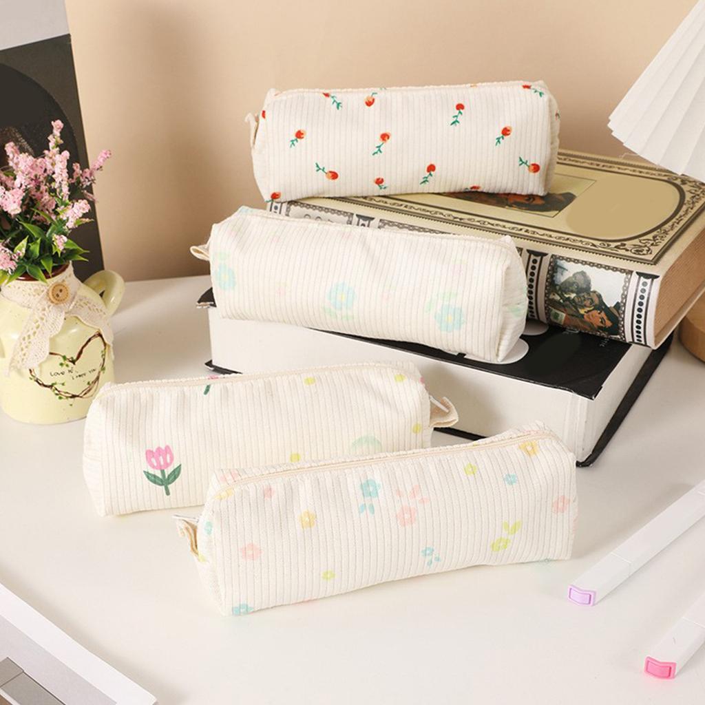 Flower Print Pencil Bag Zippered Pen Case Corduroy Pencil Bag Corduroy Pen Pouches Stationery Bag for Student School