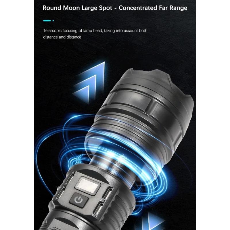 Type C Rechargeable Flashlight High Brightness Zoom Strobe COB Sidelight Battery Gauge Large Capacity ABS Camping Search Light