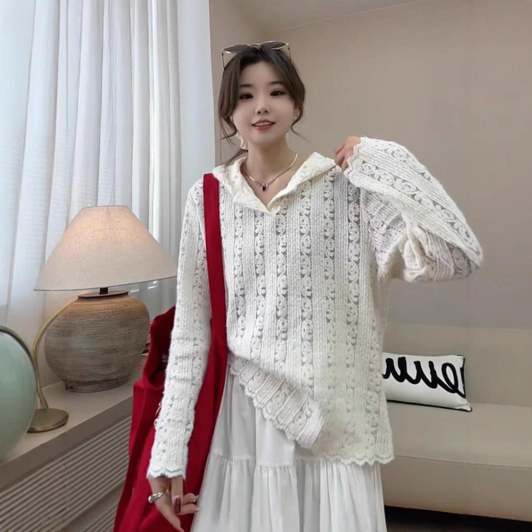 

Women s Spring 2025 Lace Long Sleeve Hooded Cardigan Top M хакі