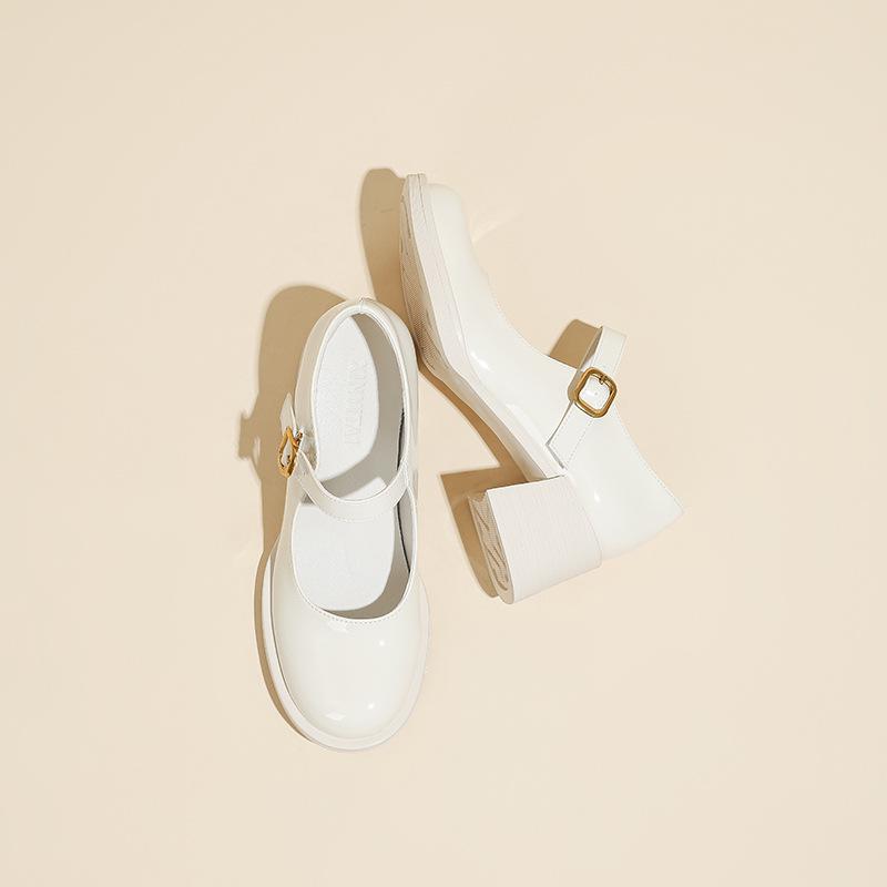 

Sweet French thick heel light mouth Mary Jane shoes women s spring and summer one-word with round head high heel single shoes black small leather 40