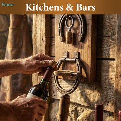 Zestaw Vintage Otwieraczy do Butelek Montowanych na Ścianie w Kształcie Podkowy | Rustykalny Drewniany i Metalowy Korkociąg z Uchwytem na Korki (Bar Decor)