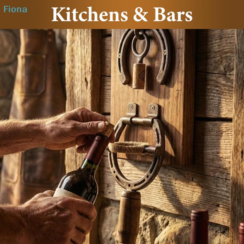 Set Deschizătoare de Sticle Montate pe Perete Potcoavă Vintage | Deschizător de Vin din Lemn și Metal Rustic cu Suport pentru Dopuri (Decor Bar)
