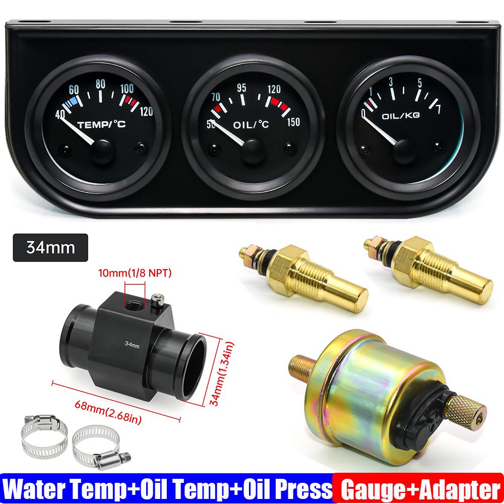 3IN1 Wassertemperaturanzeige+Öltemperaturanzeige+Öldruckanzeige mit Kühlerschlauchadapter 26MM-40MM Auto Dreifach-Anzeigen-Kit 12V
