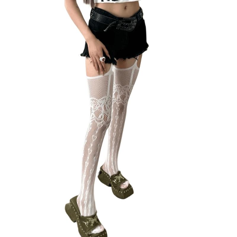 Women Subculture Fishnet Mesh Thigh High Stockings Sweet Heart Patterned Hollowed Garter Belt Pantyhose Suspender Tights