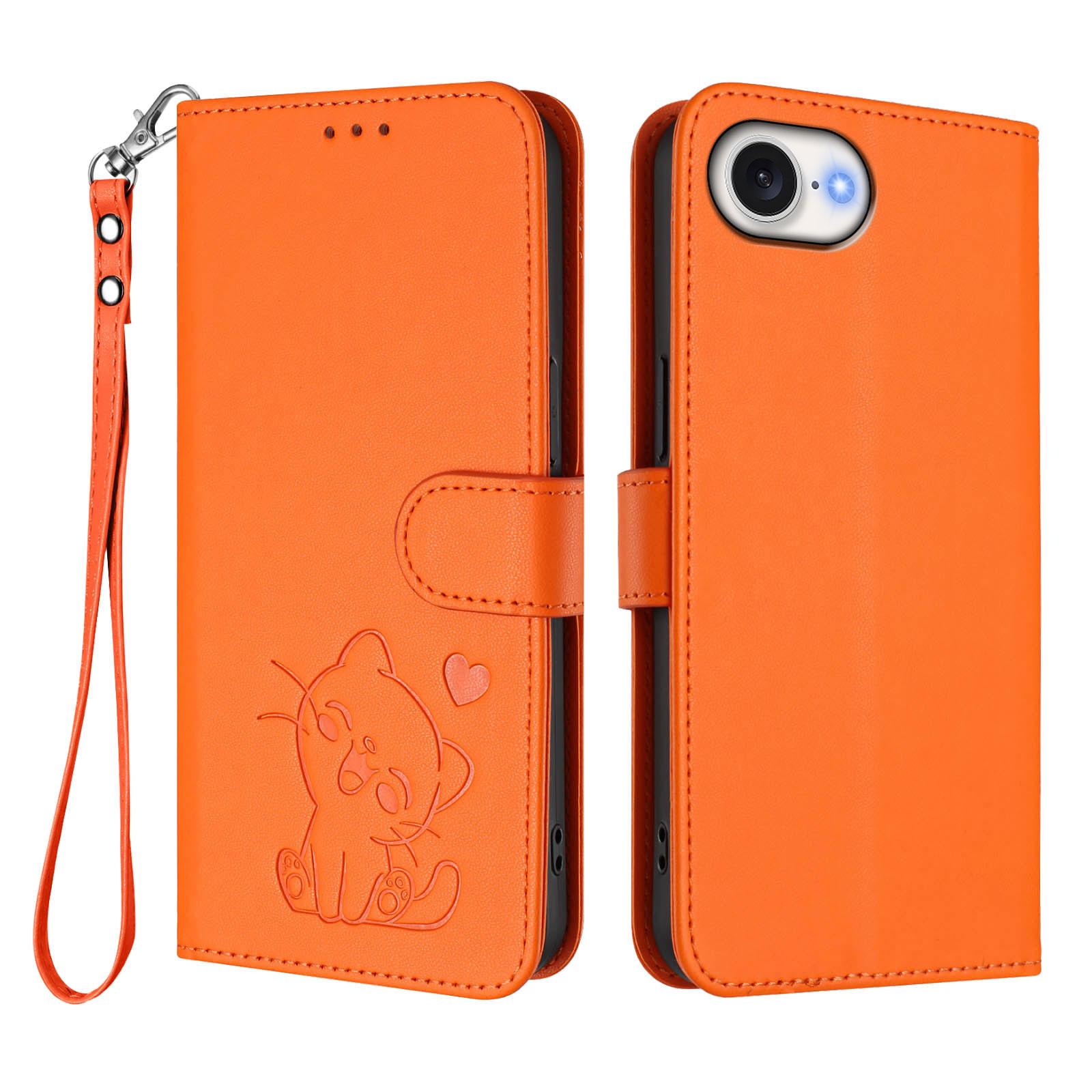For iPhone 16e Wallet Case with Wrist Strap Love Cat Pattern Imprint Leather Phone Cover F