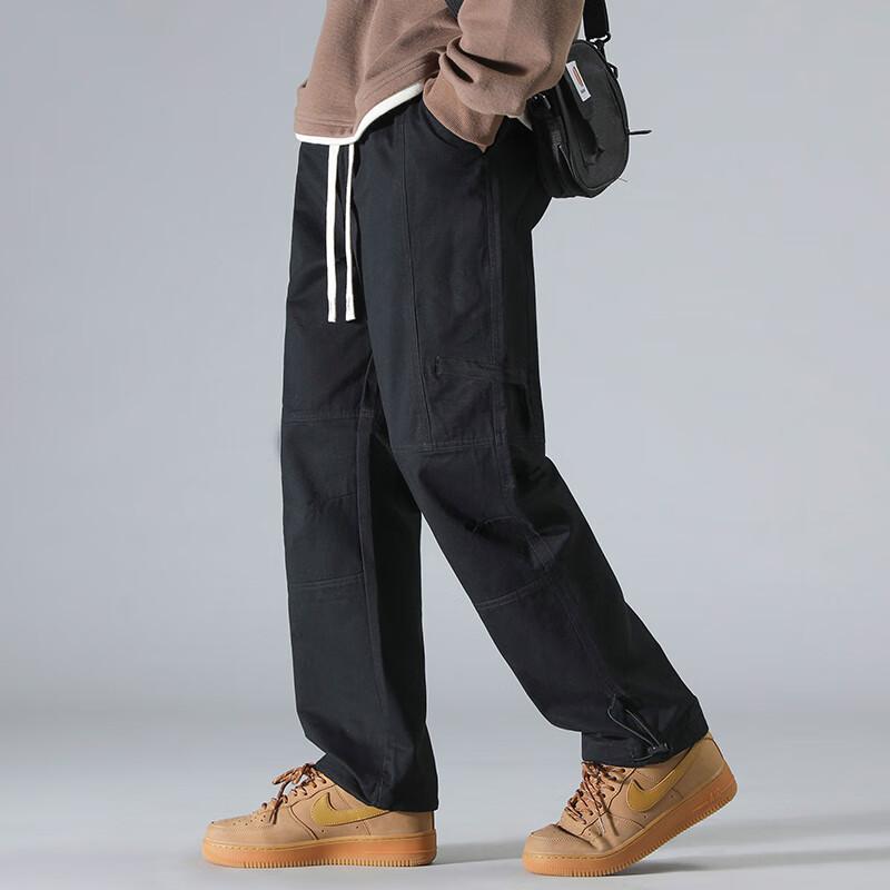 Dingfengbaoluo Vintage Cargo Pants for Men, Summer Straight-Leg Loose-Fit Multi-Pocket Versatile Outdoor Trousers DFK78 Black 3XL