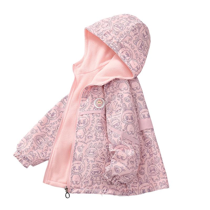 Kids Girls Reversible Fleece Lined Hooded Cartoon Windbreaker Jacket