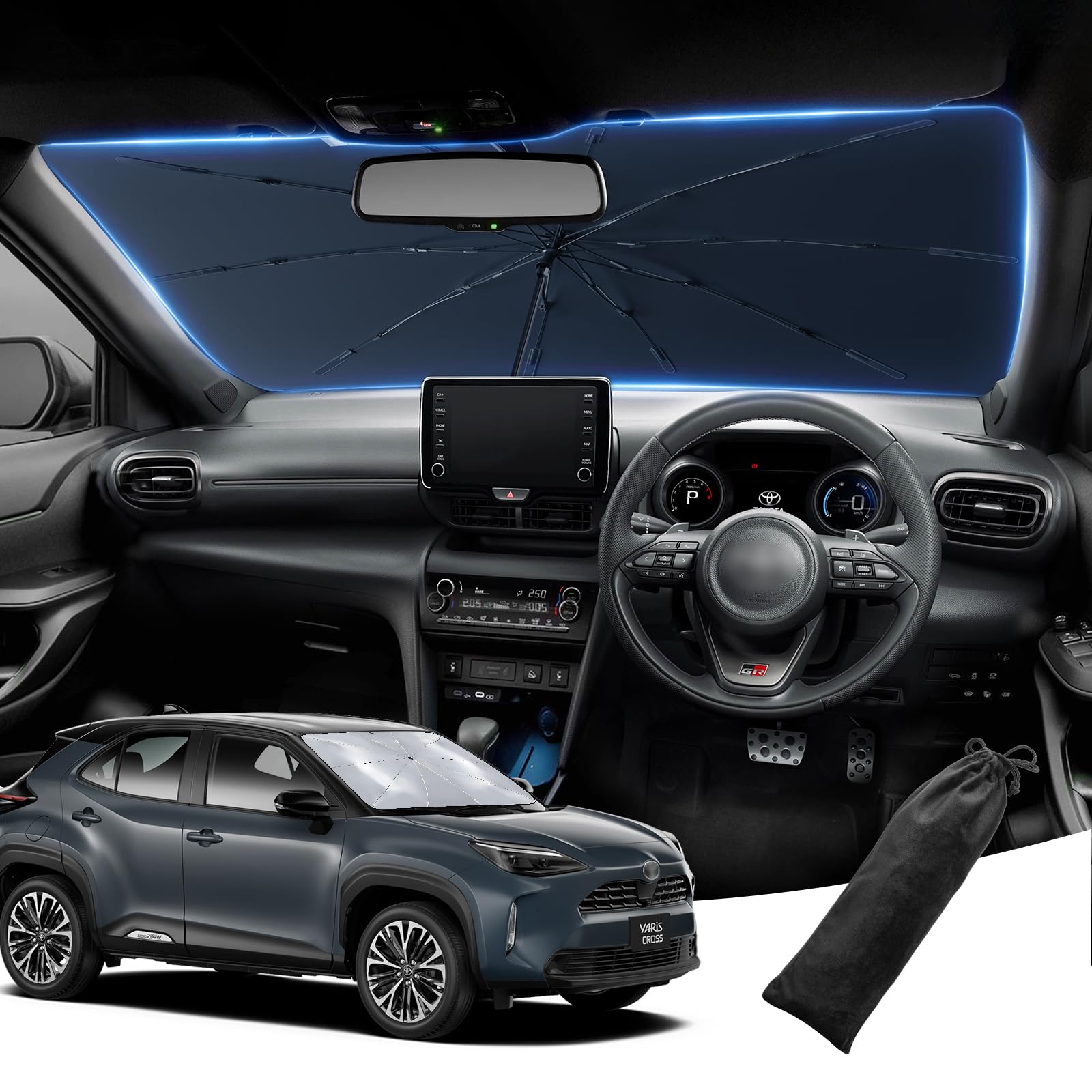 

LANGBEAN Солнцезащитный козырек для Toyota Yaris 2025 Улучшенный автомобильный козырек на лобовое стекло Yaris Cross Отверстие для зеркала заднего вида Усиленный 10-слойный Теплоотражающий Гибкий зонт из стекловолокна