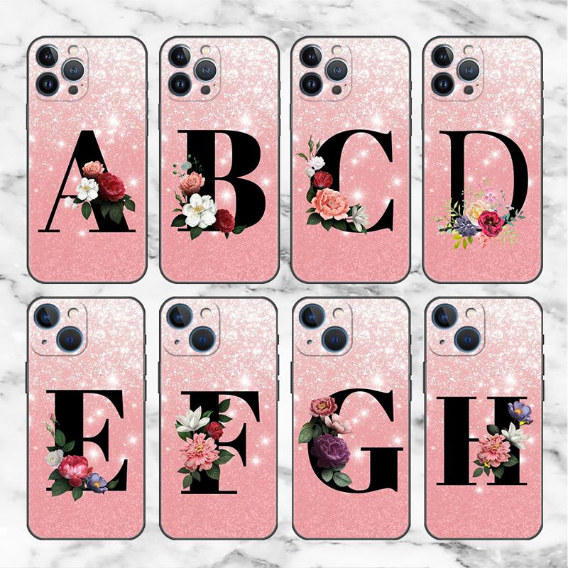 Letter A B C Flowers Pink Case For Apple iPhone 11 15 13 14 Pro Max 12 Plus X 15Pro Black Silicone Phone Coque