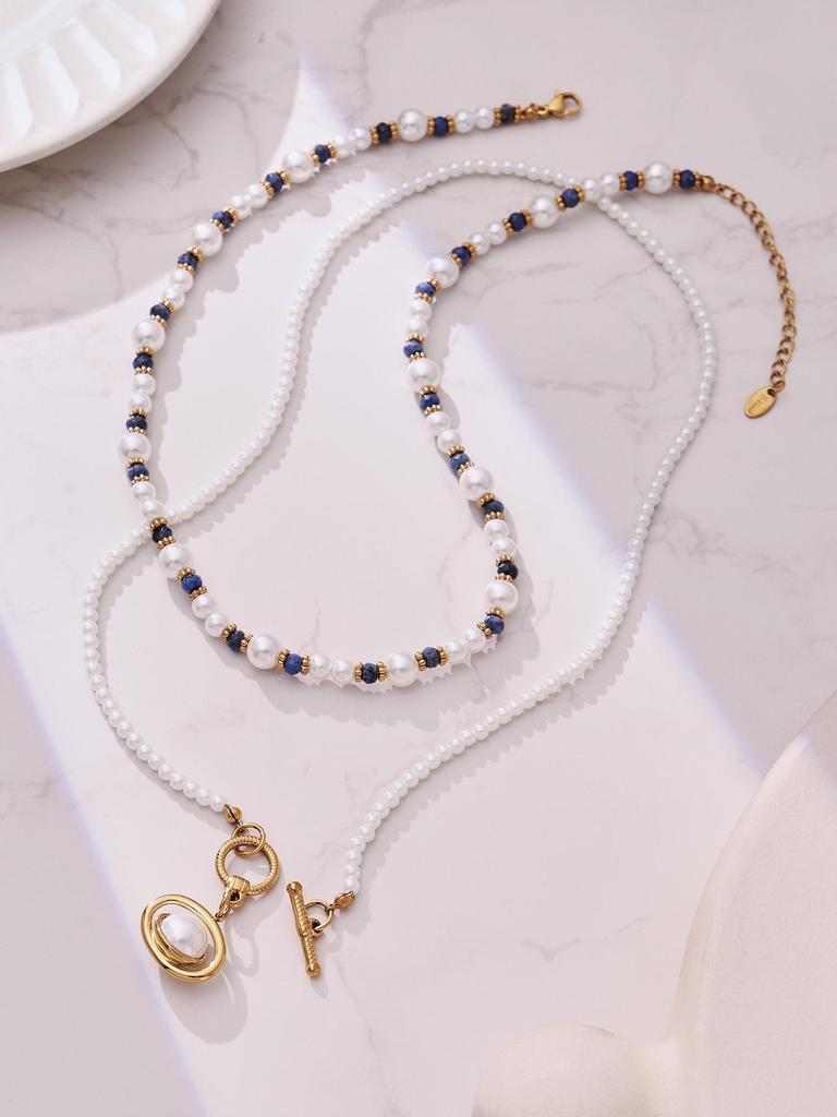 Elegant 18k Gold-Plated Stainless Steel Necklace with Imitation Pearl Beads and OT Clasp