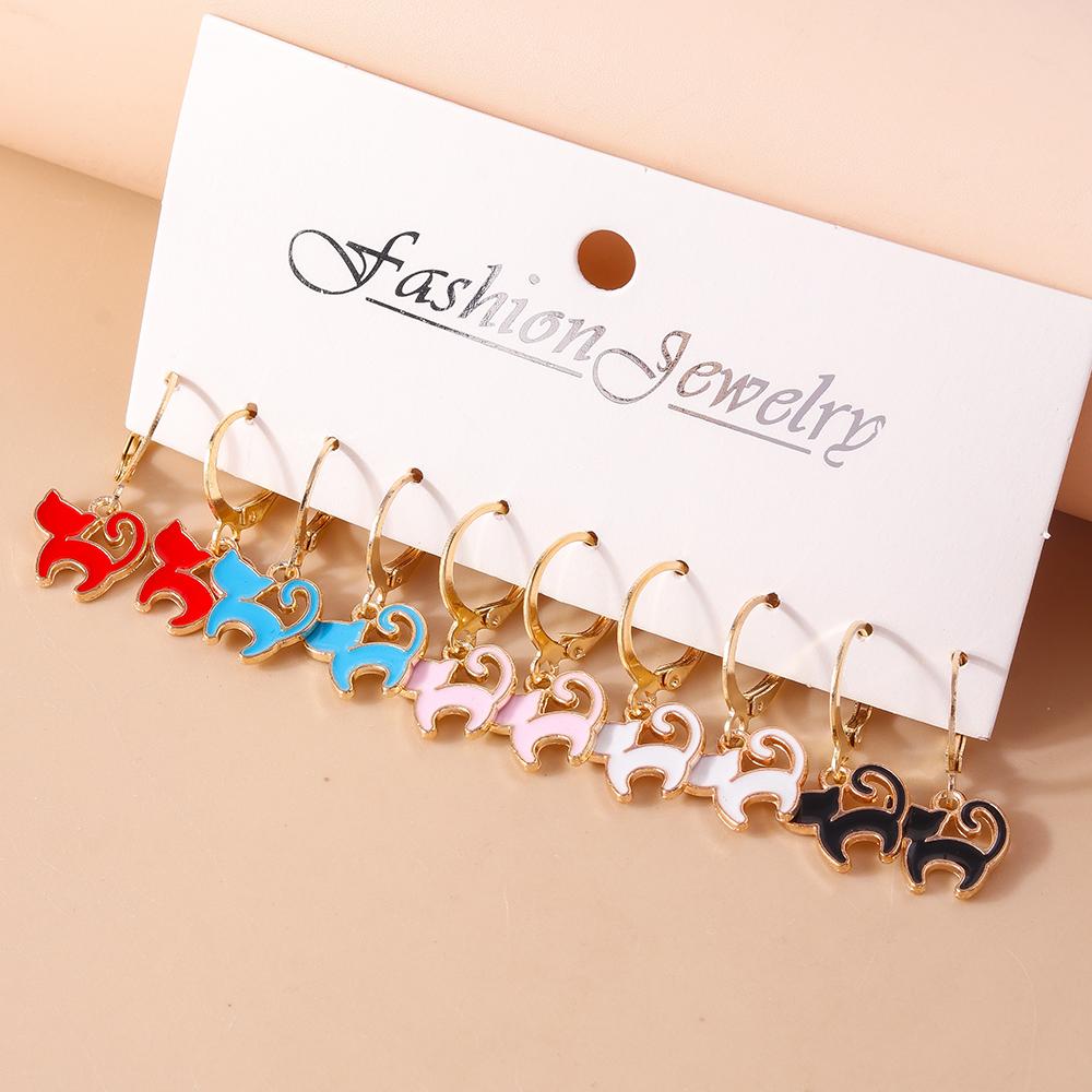 5pcs/Set Cute Enamel Cat Earrings for Women Girls Cartoon Animal Dangle Earrings Party Holiday Jewelry Gifts
