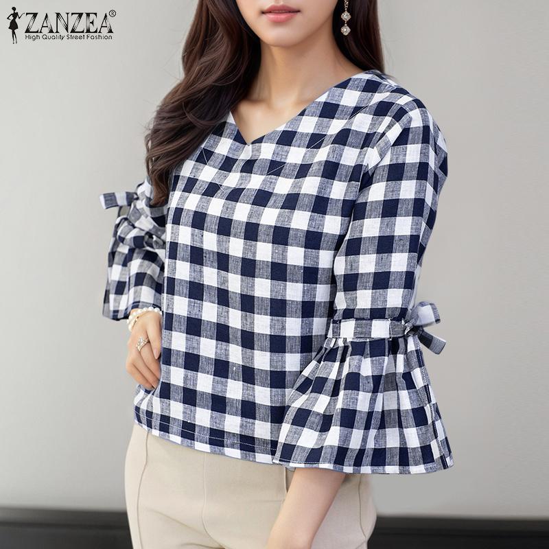 ZANZEA Women Casual V-Neck 3/4 Sleeve Loose Grid Print Blouse