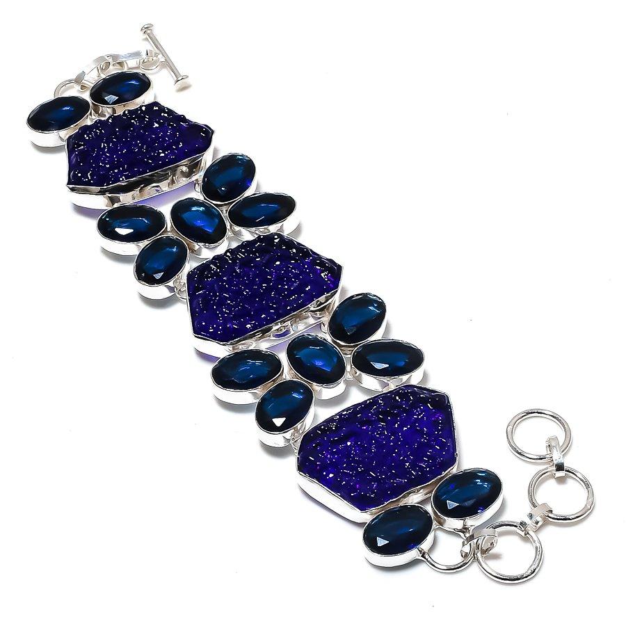 

Blue Moldavite Quartz, Iolite Handmade 925 Sterling Silver Bracelet 7-8 v6Z00