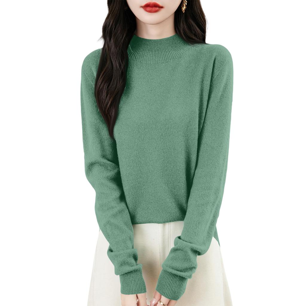 Women's Fashion Flat-Knit Half-Turtleneck Pullover Sweater Solid Color Long-Sleeve Top