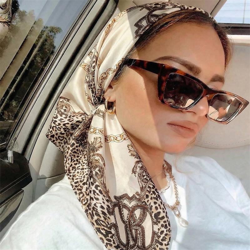 New Satin Square Scarf Women Muslim Hijab Elegant Print Silk Neckerchief Shawl Wraps Headband Handle Hair Accessories Bandana