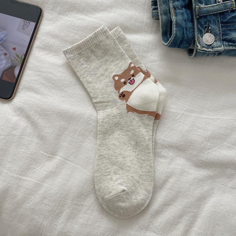 

Женские летние тонкие новые милые носки-трубы из хлопка с рисунком маленькой собачки и животного в студенческом стиле 1 pair бежевый/серый