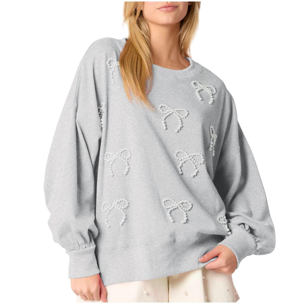 Women's Solid Color Pearl Bow Long Sleeved Top Sweatshirt
