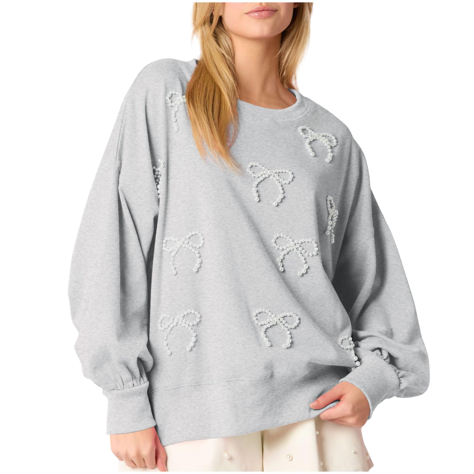 

Women s Solid Color Pearl Bow Long Sleeved Top Sweatshirt S