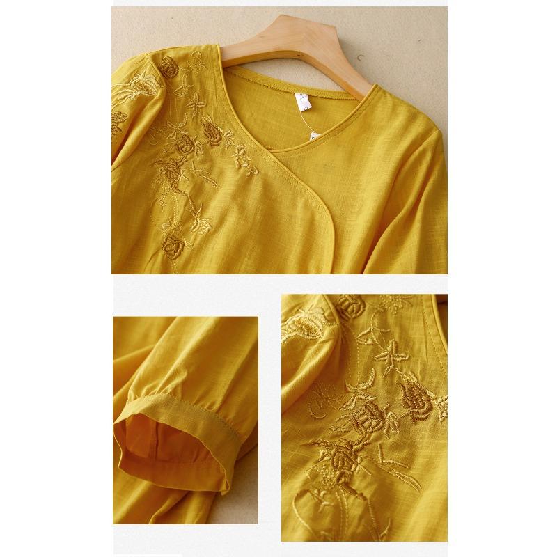 New Summer Style 700-quarter Sleeve Embroidered Shirt for Women's Literary Retro Loose Embroidered Cotton and Linen Top