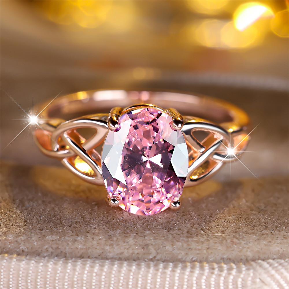 Elegant Pink Crystal Big Oval Stone Rings for Women Vintage Hollow Rose Gold Color Wedding Band Bridal Jewelry Engagement Gifts