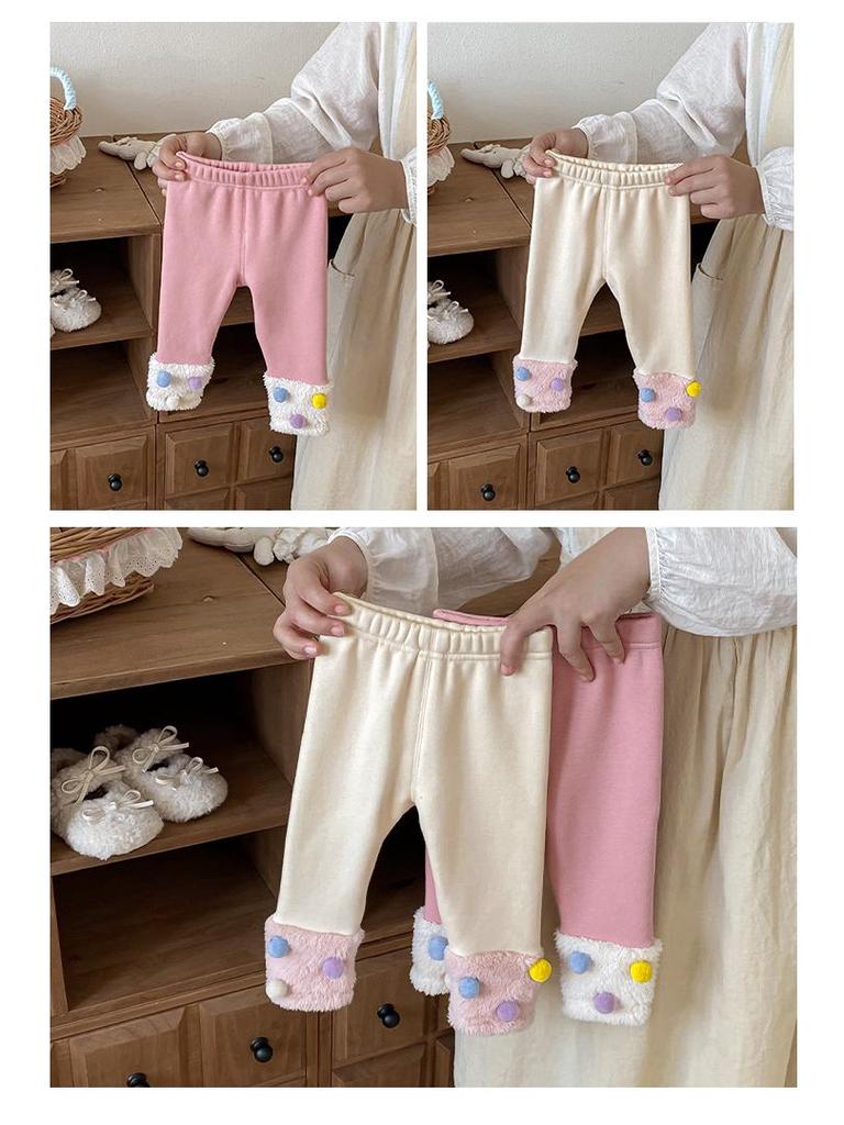 2025 Winter Koreanischer Stil Mädchen Patchwork Pompon Leggings - Trendige Verdickte Hose für Stilvolle Kinder