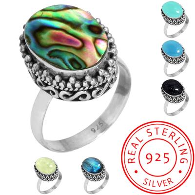 925 Sterlingsilber Ring Damen Edelstein Handgefertigter Schmuck Halloween Geschenk Aqua Blauer Chalcedon Abalone Muschel Blauer Sonnenstein Labradorit Prehnit