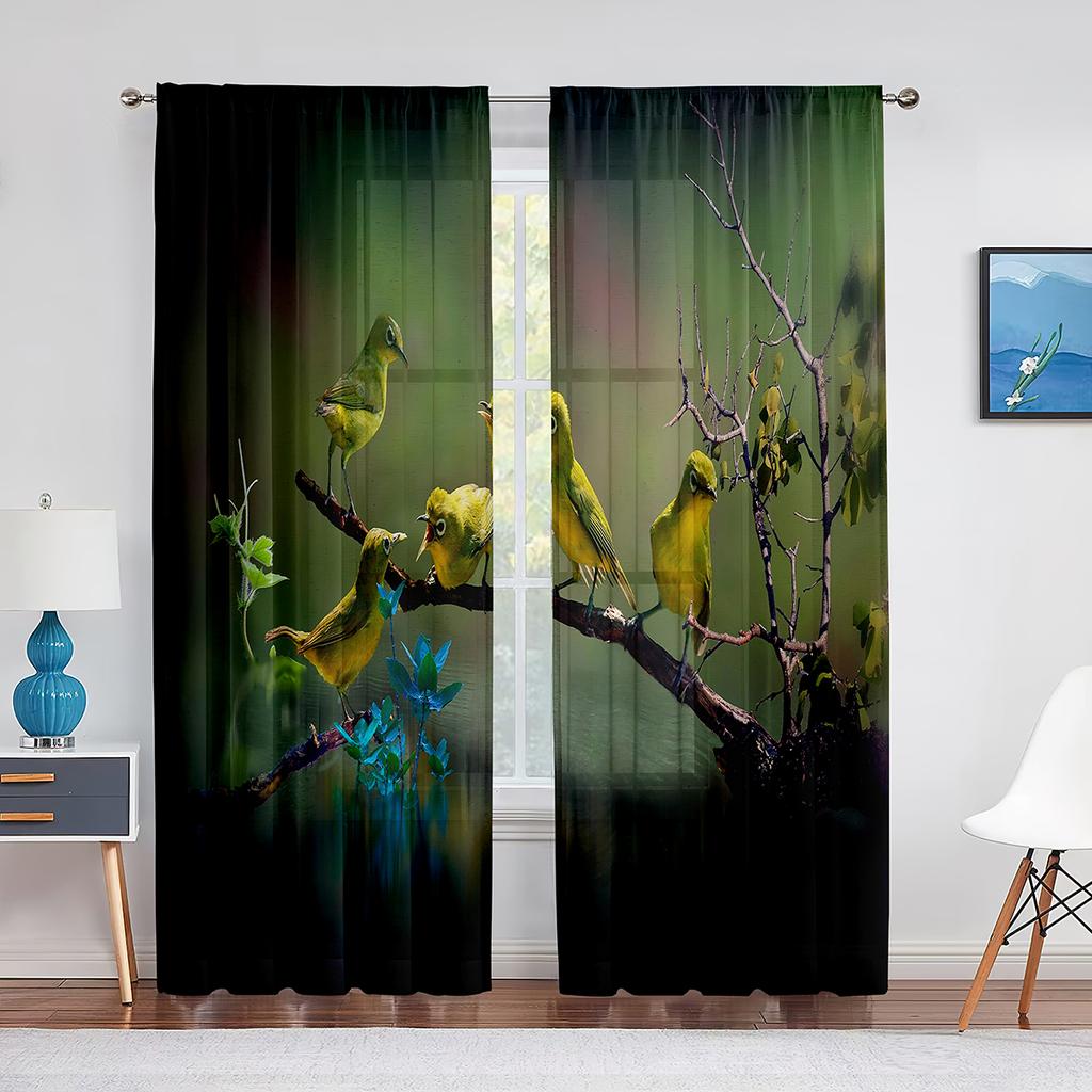 Cortina transparente de beija-flores e flores de primavera para sala de estar, quarto, decoração para casa, suprimentos para janelas, cortinas de tule de chiffon estampadas