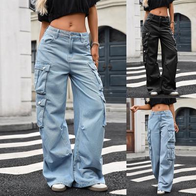 Women's Casual Fashion Solid Color Elastic Waist Pockets Wide Leg Straight Jeans Pants