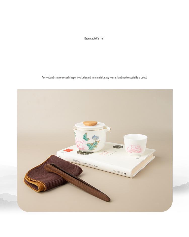 Sheep Fat Jade Portable Ceramic Tea Set - One Pot, Two Cups, Travel-Friendly Souvenir.