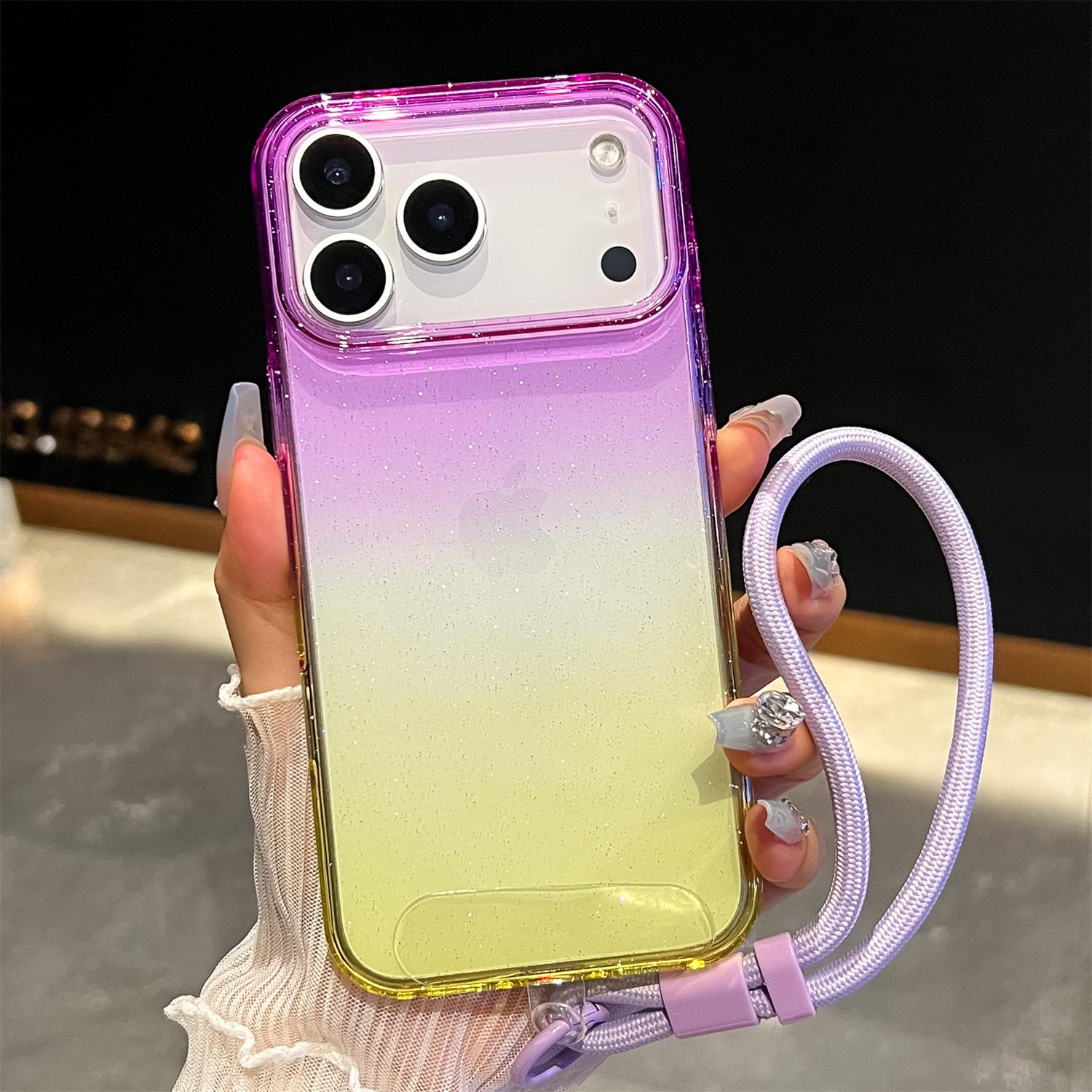 

For iPhone 17 Pro Case Glitter Dual Color PC + TPU Clear Phone Cover with Hand Strap D