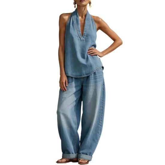 Halter Denim Set for Women Sleeveless Tank Top And Wide Leg Pants Lounge Sets Summer Casual Two Piece Outfits with Pockets