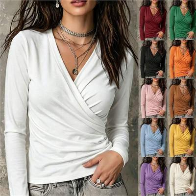 2026 Autumn Women's Cross V-neck Pleated Long Sleeve Casual T-shirt