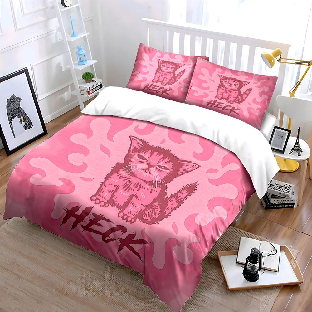 "Pink Cat Art Decorative Set" Bedding Set with 1 Duvet Cover 2 Pillowcases Single Double King Queen, Gift