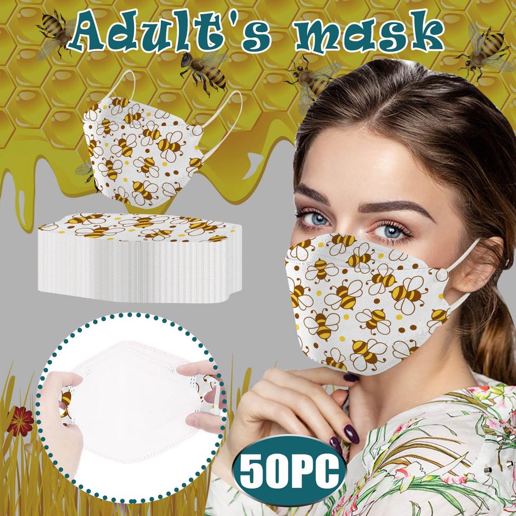 Adult's Disposable Unisex Bee Printed Outdoor Prevention Fish Mask Face 