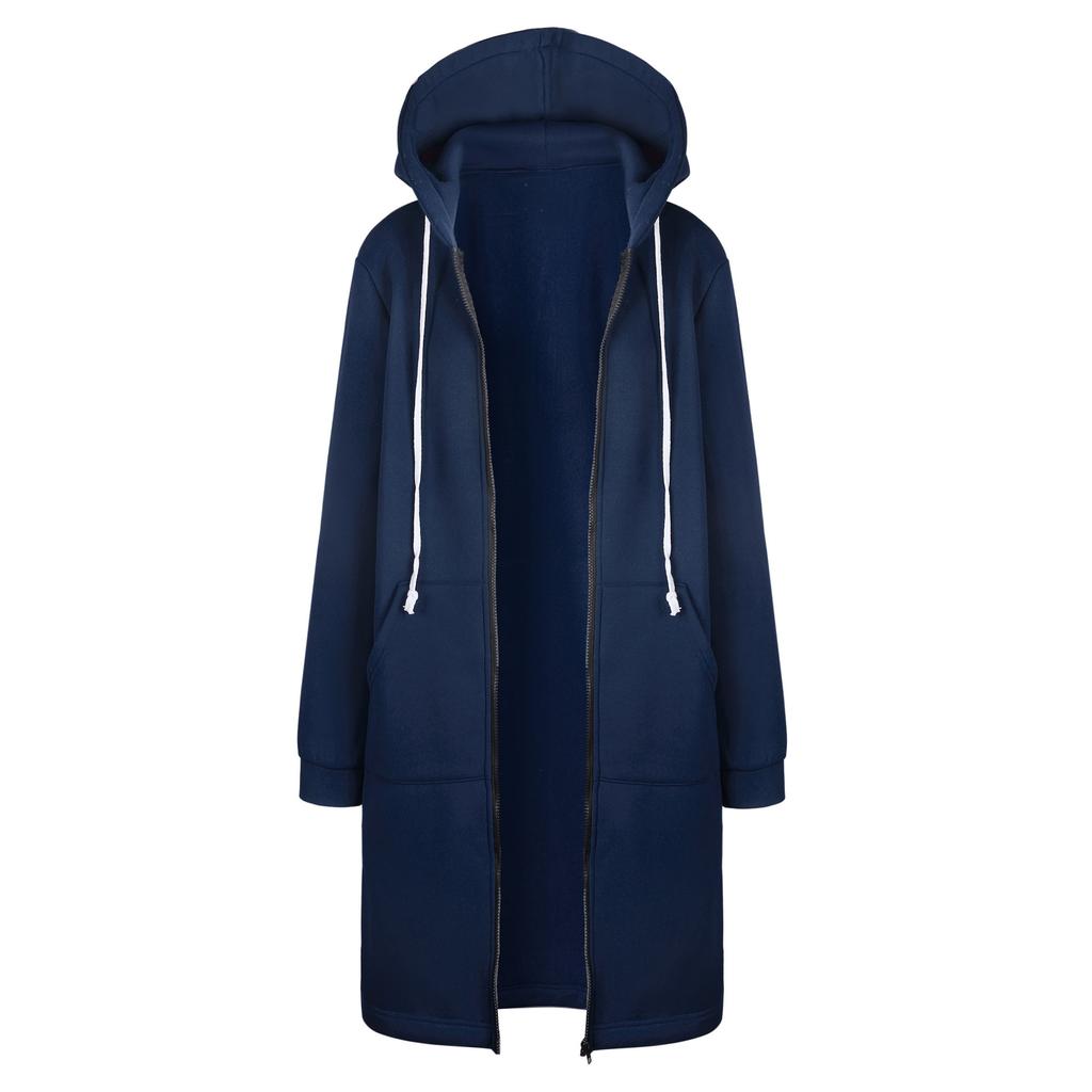 Sweater Women's Medium and Long Fleece Pocket Hooded Zipper Trench Coat Women